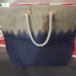 Large Navy Blue & Tan Beach Tote with Braided Shoulder Straps
